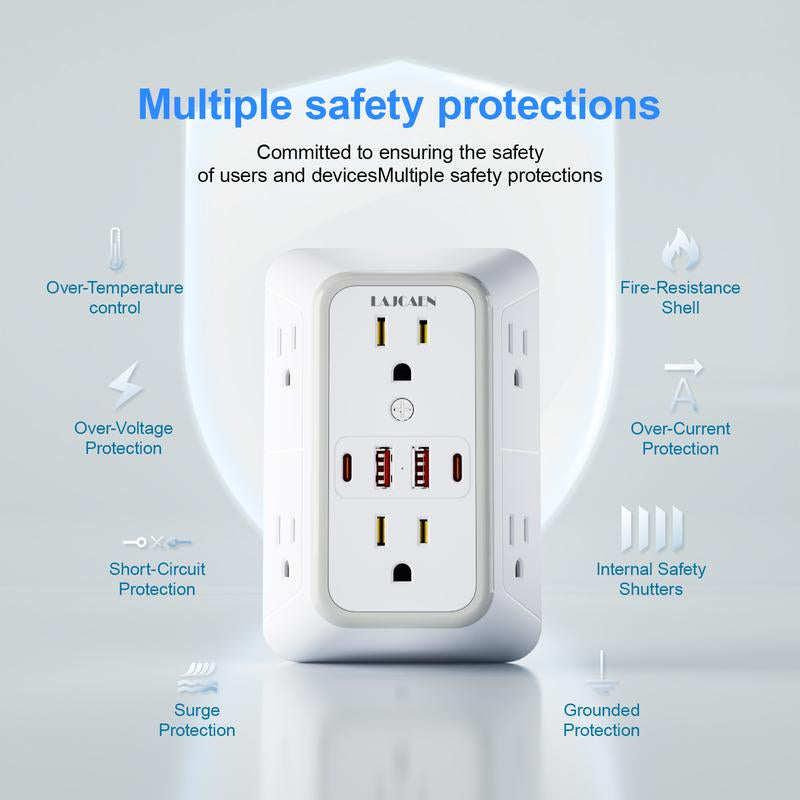Wall Charger, Surge Protector, 6 Outlet Extender with 4 USB Charging Ports 3-Sided 1050J Power Strip Multi Plug Adapter Spaced for Home Travel Office