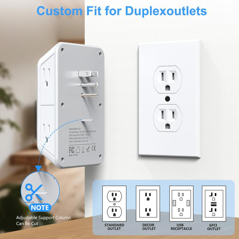 Wall Charger, Surge Protector, 6 Outlet Extender with 4 USB Charging Ports 3-Sided 1050J Power Strip Multi Plug Adapter Spaced for Home Travel Office