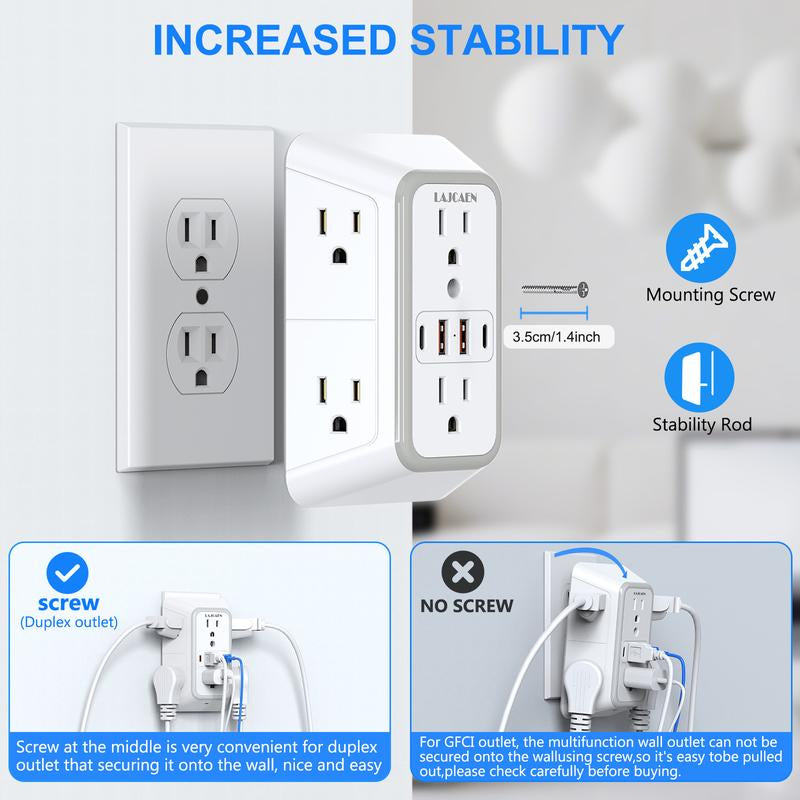 Wall Charger, Surge Protector, 6 Outlet Extender with 4 USB Charging Ports 3-Sided 1050J Power Strip Multi Plug Adapter Spaced for Home Travel Office