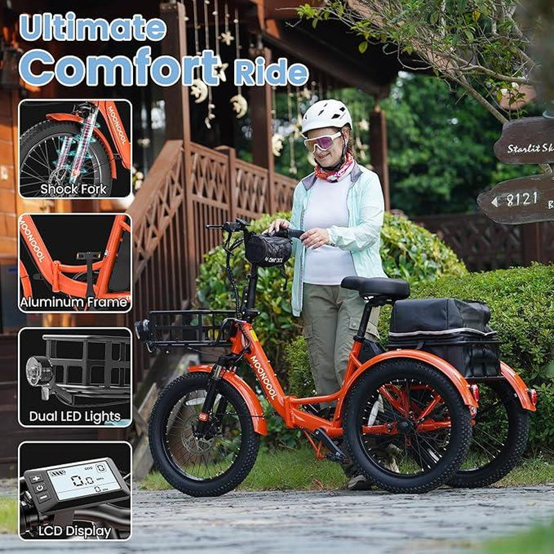 Mooncool 500W TK1 Folding Electric Trike for Adults,1000W Peak Power 16 MPH 70 Miles 3 Wheels Electric Bicycle，48V*14.5 Ah UL 2849 Removable Battery,Ebike