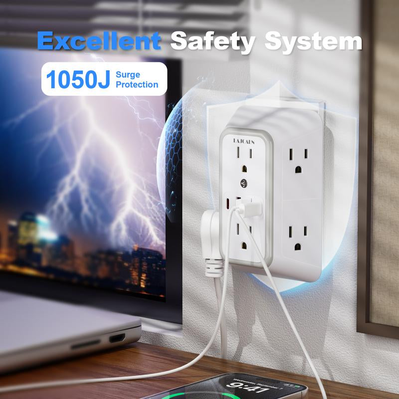 Wall Charger, Surge Protector, 6 Outlet Extender with 4 USB Charging Ports 3-Sided 1050J Power Strip Multi Plug Adapter Spaced for Home Travel Office