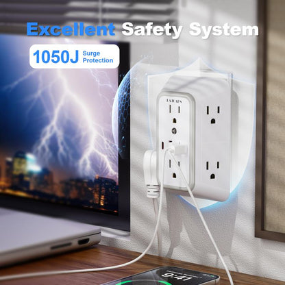 Wall Charger, Surge Protector, 6 Outlet Extender with 4 USB Charging Ports 3-Sided 1050J Power Strip Multi Plug Adapter Spaced for Home Travel Office
