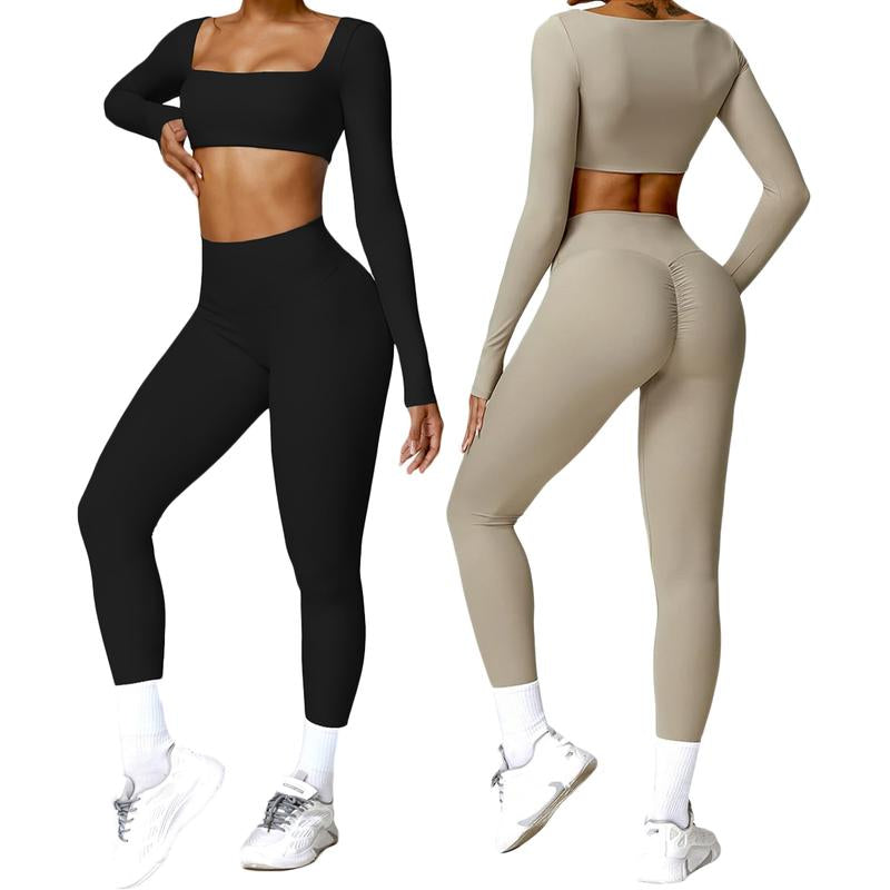 Women Skinny Jumpsuit Solid Color Ribbed Knit Long Sleeve Square Neck Bodycon Jumpsuit Romper Work Out Sport Yoga Playsuits