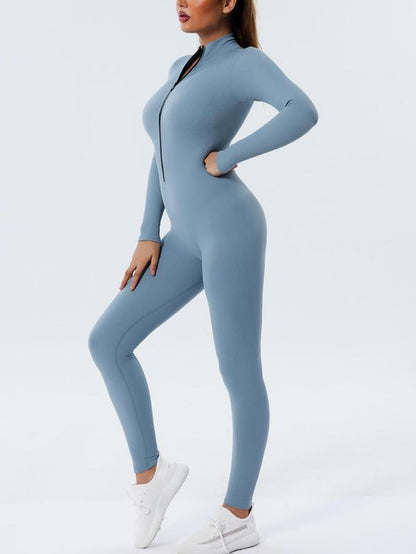 Women'S Solid Zip up Mock Neck Sports Jumpsuit, Sporty Long Sleeve Jumpsuit for Yoga Gym Workout, Ladies Sportswear for All Seasons