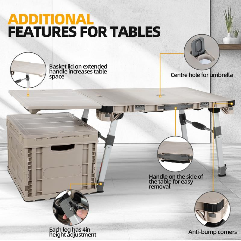 10-In-1 Folding Utility Cart，Portable Camping Table，Multifunctional Outdoor and Indoor Organizer Boxes，Adjustable Folding Trolley，With 2 Crates & 360 Swivel Wheels，For Teachers,Shopping,Warehouse,Office,Beach, Picnic, Camping and Cosmetic Storage