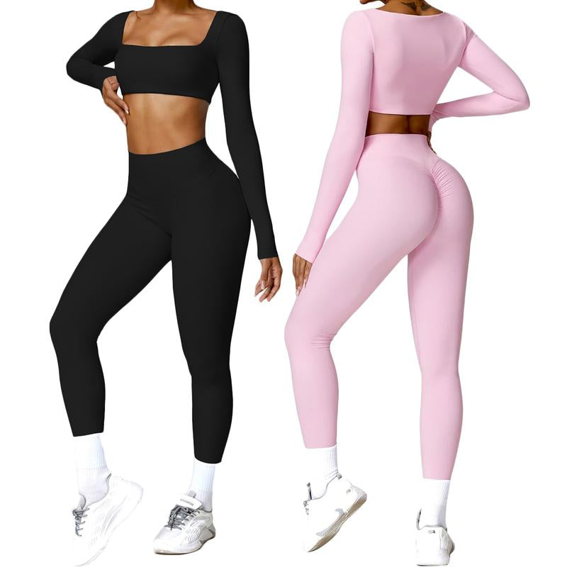Women Skinny Jumpsuit Solid Color Ribbed Knit Long Sleeve Square Neck Bodycon Jumpsuit Romper Work Out Sport Yoga Playsuits