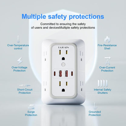 Wall Charger, Surge Protector, 6 Outlet Extender with 4 USB Charging Ports 3-Sided 1050J Power Strip Multi Plug Adapter Spaced for Home Travel Office