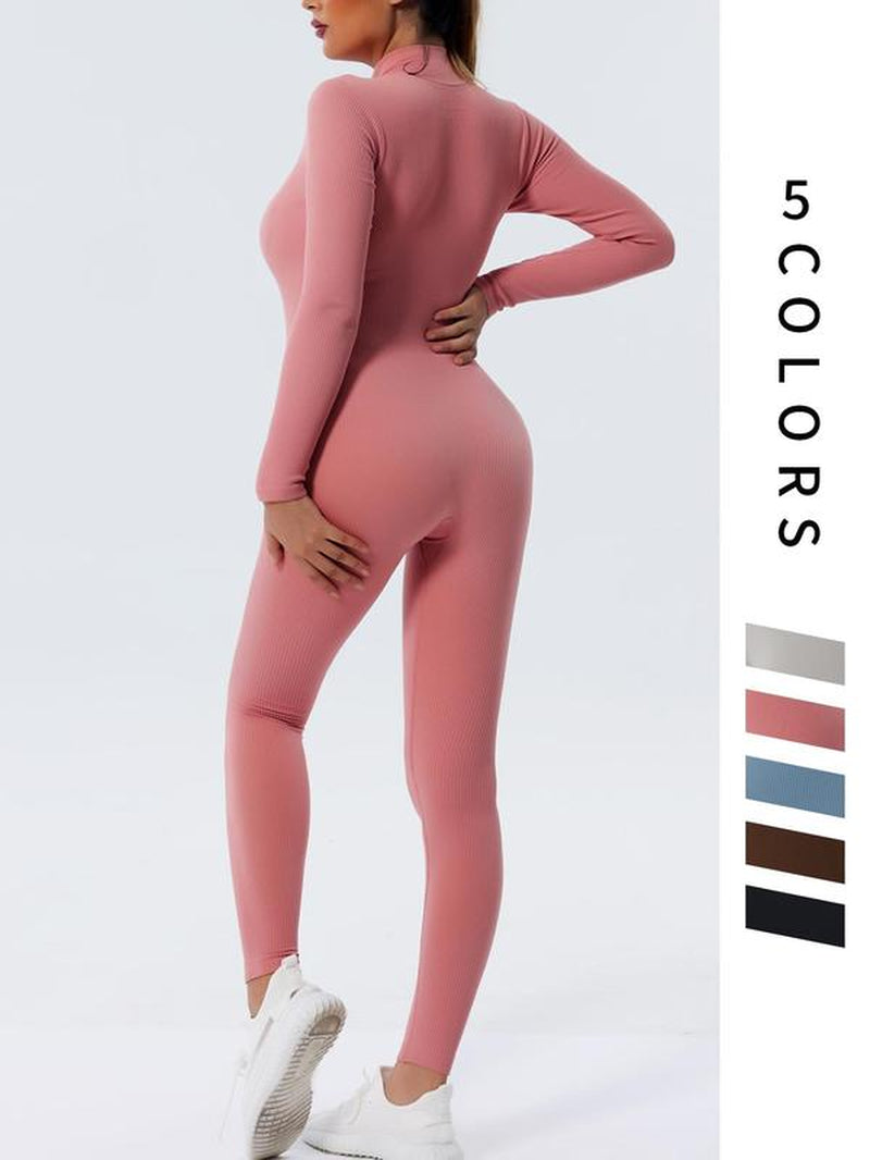 Women'S Solid Zip up Mock Neck Sports Jumpsuit, Sporty Long Sleeve Jumpsuit for Yoga Gym Workout, Ladies Sportswear for All Seasons