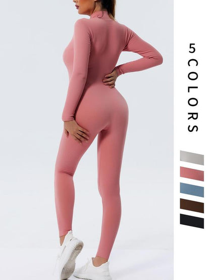 Women'S Solid Zip up Mock Neck Sports Jumpsuit, Sporty Long Sleeve Jumpsuit for Yoga Gym Workout, Ladies Sportswear for All Seasons