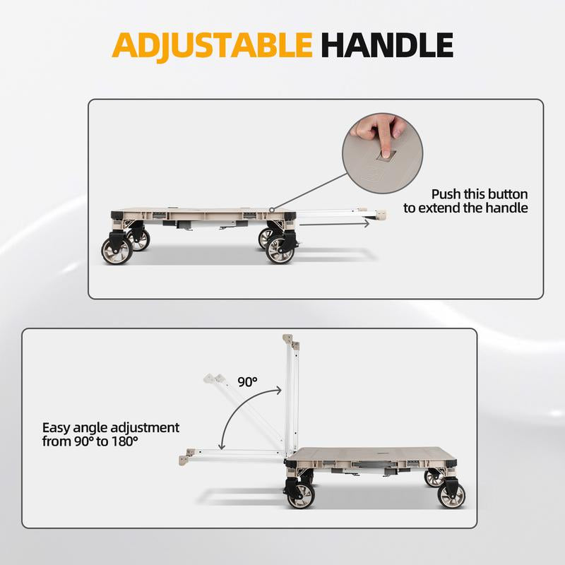 10-In-1 Folding Utility Cart，Portable Camping Table，Multifunctional Outdoor and Indoor Organizer Boxes，Adjustable Folding Trolley，With 2 Crates & 360 Swivel Wheels，For Teachers,Shopping,Warehouse,Office,Beach, Picnic, Camping and Cosmetic Storage