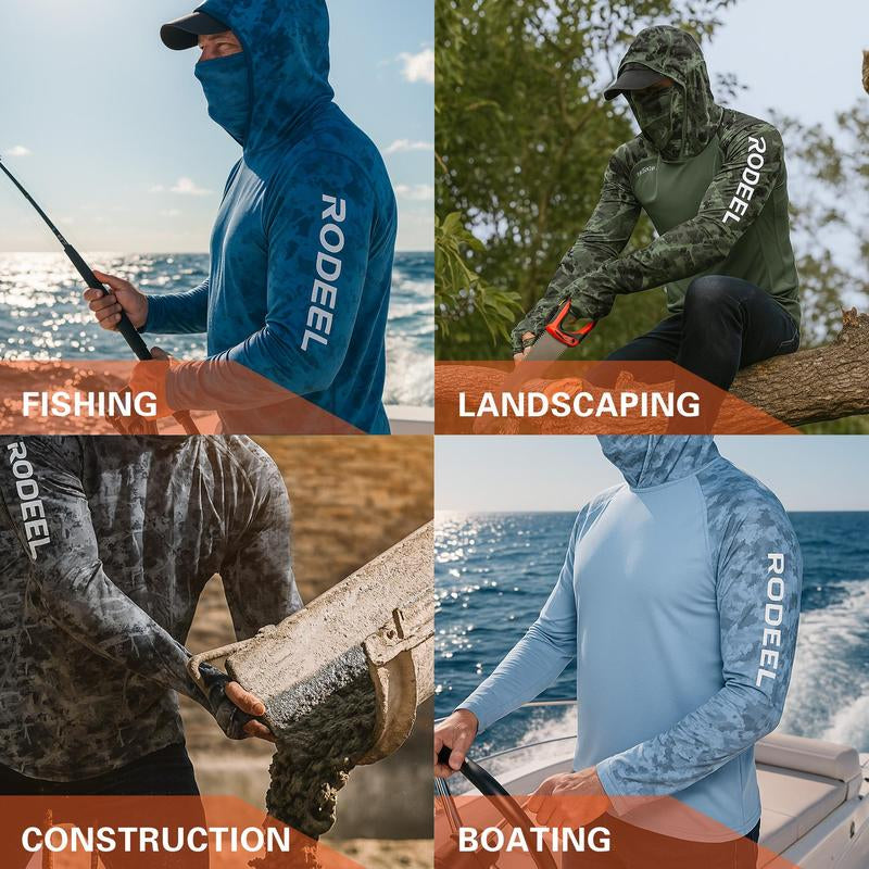 RODEEL 936 Sun Hoodie Shirt W/ UV Detection Mask Neck Gaiter Thumbhole Men UPF 100+ Sun Protection Raglan Long Sleeve Lightweight Quick Dry Moisture Wicking Breathable Cooling Athletic Activewear for Outdoor Hiking Fishing Construction Roofing Landscaping