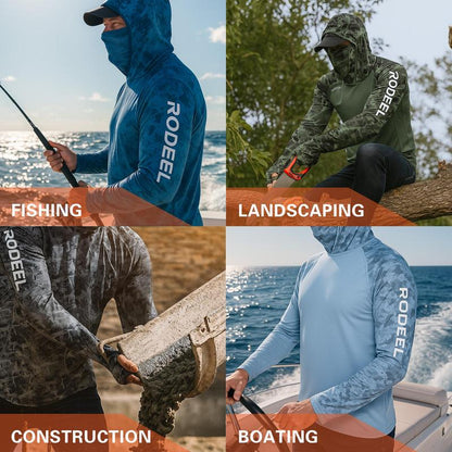 RODEEL 936 Sun Hoodie Shirt W/ UV Detection Mask Neck Gaiter Thumbhole Men UPF 100+ Sun Protection Raglan Long Sleeve Lightweight Quick Dry Moisture Wicking Breathable Cooling Athletic Activewear for Outdoor Hiking Fishing Construction Roofing Landscaping