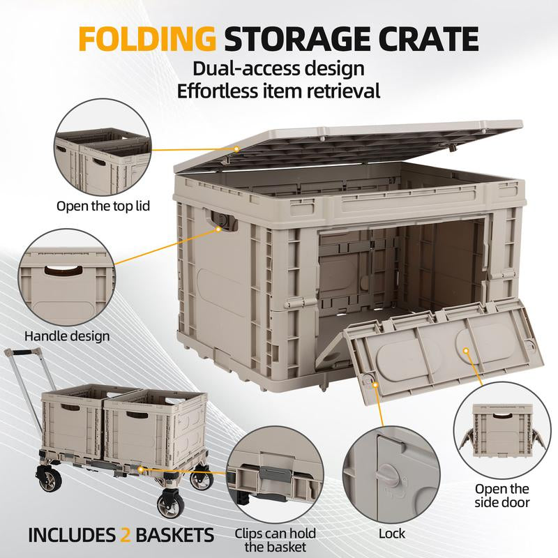 10-In-1 Folding Utility Cart，Portable Camping Table，Multifunctional Outdoor and Indoor Organizer Boxes，Adjustable Folding Trolley，With 2 Crates & 360 Swivel Wheels，For Teachers,Shopping,Warehouse,Office,Beach, Picnic, Camping and Cosmetic Storage