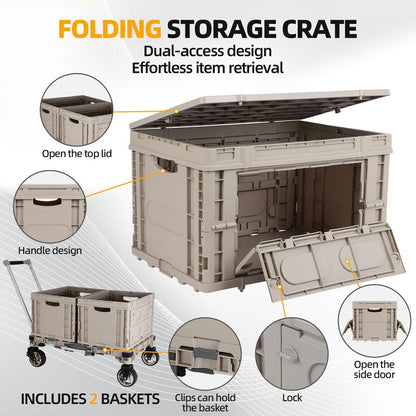 10-In-1 Folding Utility Cart，Portable Camping Table，Multifunctional Outdoor and Indoor Organizer Boxes，Adjustable Folding Trolley，With 2 Crates & 360 Swivel Wheels，For Teachers,Shopping,Warehouse,Office,Beach, Picnic, Camping and Cosmetic Storage