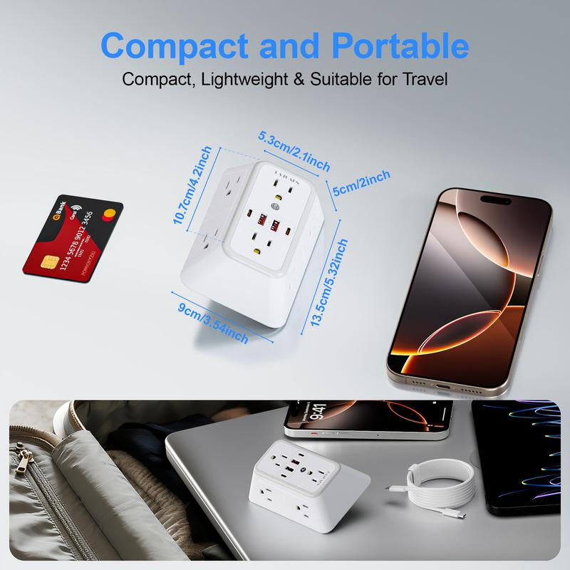 Wall Charger, Surge Protector, 6 Outlet Extender with 4 USB Charging Ports 3-Sided 1050J Power Strip Multi Plug Adapter Spaced for Home Travel Office