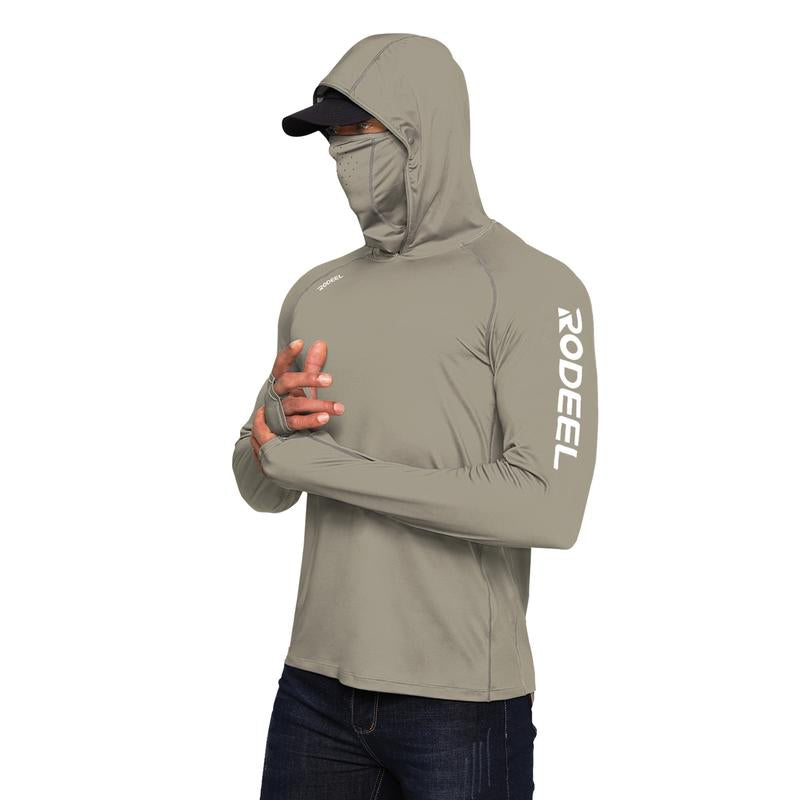 RODEEL 936 Sun Hoodie Shirt W/ UV Detection Mask Neck Gaiter Thumbhole Men UPF 100+ Sun Protection Raglan Long Sleeve Lightweight Quick Dry Moisture Wicking Breathable Cooling Athletic Activewear for Outdoor Hiking Fishing Construction Roofing Landscaping