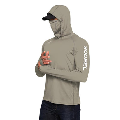 RODEEL 936 Sun Hoodie Shirt W/ UV Detection Mask Neck Gaiter Thumbhole Men UPF 100+ Sun Protection Raglan Long Sleeve Lightweight Quick Dry Moisture Wicking Breathable Cooling Athletic Activewear for Outdoor Hiking Fishing Construction Roofing Landscaping