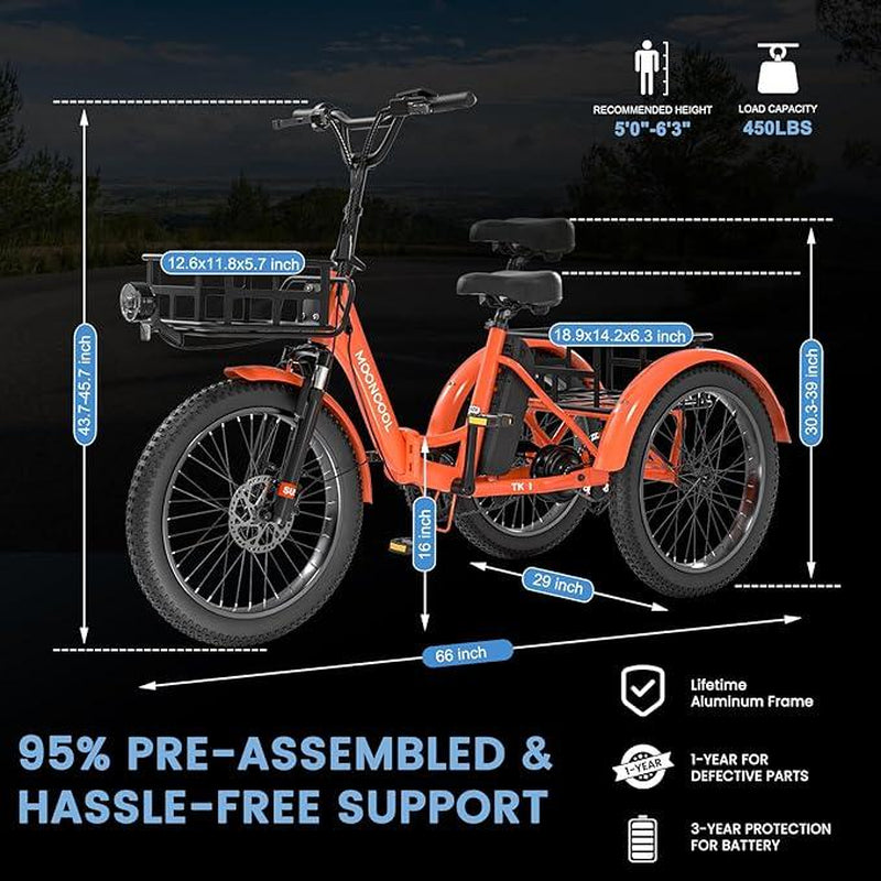 Mooncool 500W TK1 Folding Electric Trike for Adults,1000W Peak Power 16 MPH 70 Miles 3 Wheels Electric Bicycle，48V*14.5 Ah UL 2849 Removable Battery,Ebike
