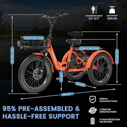Mooncool 500W TK1 Folding Electric Trike for Adults,1000W Peak Power 16 MPH 70 Miles 3 Wheels Electric Bicycle，48V*14.5 Ah UL 2849 Removable Battery,Ebike