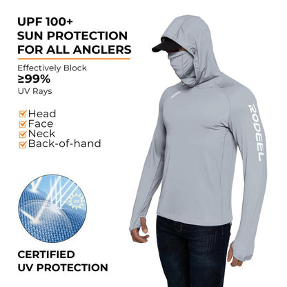 RODEEL 936 Sun Hoodie Shirt W/ UV Detection Mask Neck Gaiter Thumbhole Men UPF 100+ Sun Protection Raglan Long Sleeve Lightweight Quick Dry Moisture Wicking Breathable Cooling Athletic Activewear for Outdoor Hiking Fishing Construction Roofing Landscaping