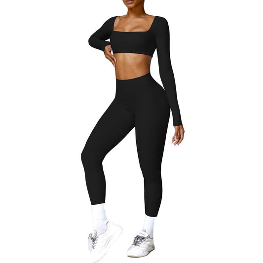 Women Skinny Jumpsuit Solid Color Ribbed Knit Long Sleeve Square Neck Bodycon Jumpsuit Romper Work Out Sport Yoga Playsuits