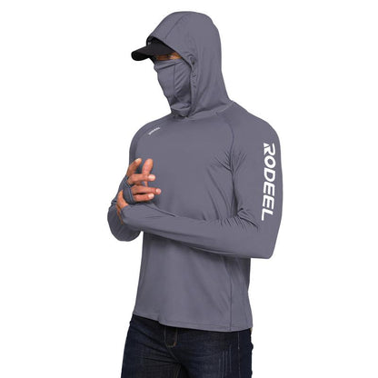 RODEEL 936 Sun Hoodie Shirt W/ UV Detection Mask Neck Gaiter Thumbhole Men UPF 100+ Sun Protection Raglan Long Sleeve Lightweight Quick Dry Moisture Wicking Breathable Cooling Athletic Activewear for Outdoor Hiking Fishing Construction Roofing Landscaping