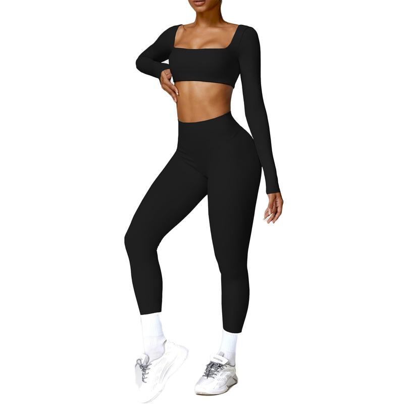 Women Skinny Jumpsuit Solid Color Ribbed Knit Long Sleeve Square Neck Bodycon Jumpsuit Romper Work Out Sport Yoga Playsuits