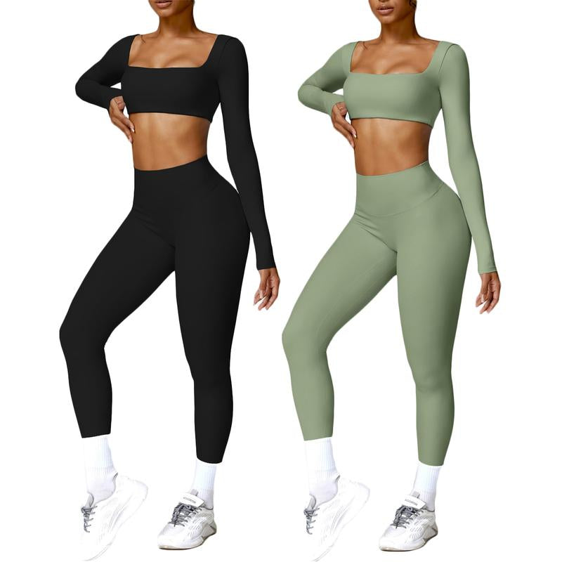 Women Skinny Jumpsuit Solid Color Ribbed Knit Long Sleeve Square Neck Bodycon Jumpsuit Romper Work Out Sport Yoga Playsuits