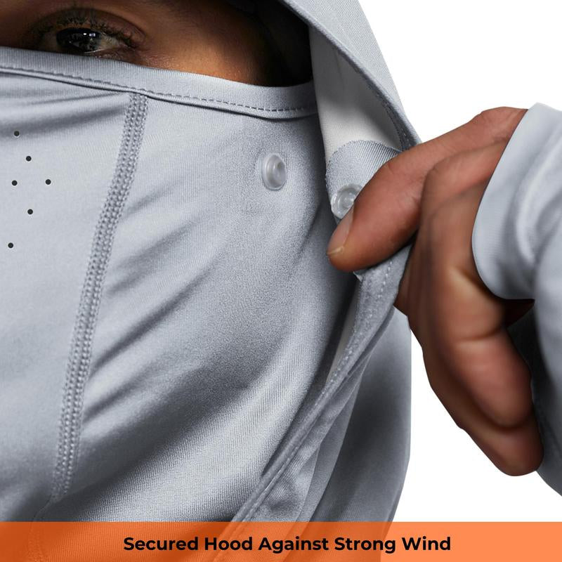 RODEEL 936 Sun Hoodie Shirt W/ UV Detection Mask Neck Gaiter Thumbhole Men UPF 100+ Sun Protection Raglan Long Sleeve Lightweight Quick Dry Moisture Wicking Breathable Cooling Athletic Activewear for Outdoor Hiking Fishing Construction Roofing Landscaping
