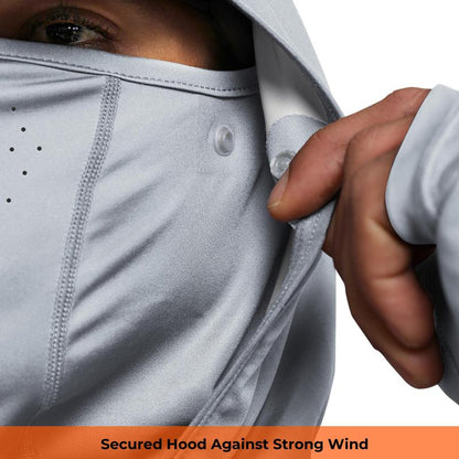 RODEEL 936 Sun Hoodie Shirt W/ UV Detection Mask Neck Gaiter Thumbhole Men UPF 100+ Sun Protection Raglan Long Sleeve Lightweight Quick Dry Moisture Wicking Breathable Cooling Athletic Activewear for Outdoor Hiking Fishing Construction Roofing Landscaping