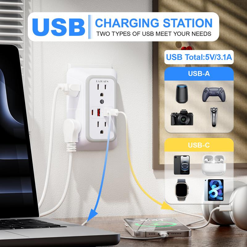 Wall Charger, Surge Protector, 6 Outlet Extender with 4 USB Charging Ports 3-Sided 1050J Power Strip Multi Plug Adapter Spaced for Home Travel Office