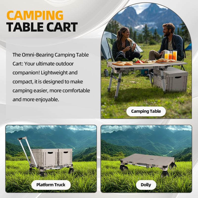 10-In-1 Folding Utility Cart，Portable Camping Table，Multifunctional Outdoor and Indoor Organizer Boxes，Adjustable Folding Trolley，With 2 Crates & 360 Swivel Wheels，For Teachers,Shopping,Warehouse,Office,Beach, Picnic, Camping and Cosmetic Storage