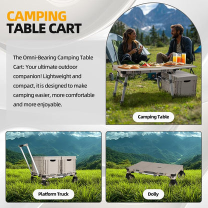 10-In-1 Folding Utility Cart，Portable Camping Table，Multifunctional Outdoor and Indoor Organizer Boxes，Adjustable Folding Trolley，With 2 Crates & 360 Swivel Wheels，For Teachers,Shopping,Warehouse,Office,Beach, Picnic, Camping and Cosmetic Storage
