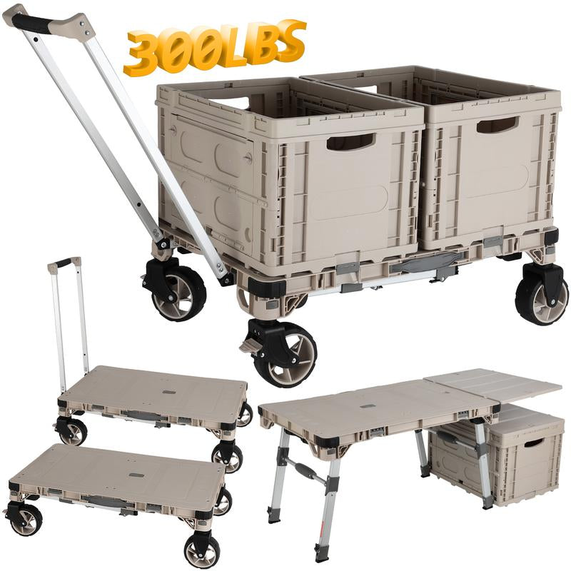 10-In-1 Folding Utility Cart，Portable Camping Table，Multifunctional Outdoor and Indoor Organizer Boxes，Adjustable Folding Trolley，With 2 Crates & 360 Swivel Wheels，For Teachers,Shopping,Warehouse,Office,Beach, Picnic, Camping and Cosmetic Storage