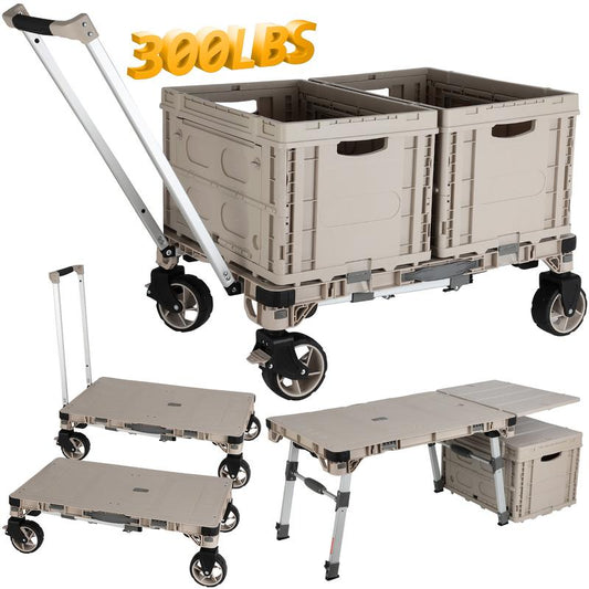 10-In-1 Folding Utility Cart，Portable Camping Table，Multifunctional Outdoor and Indoor Organizer Boxes，Adjustable Folding Trolley，With 2 Crates & 360 Swivel Wheels，For Teachers,Shopping,Warehouse,Office,Beach, Picnic, Camping and Cosmetic Storage