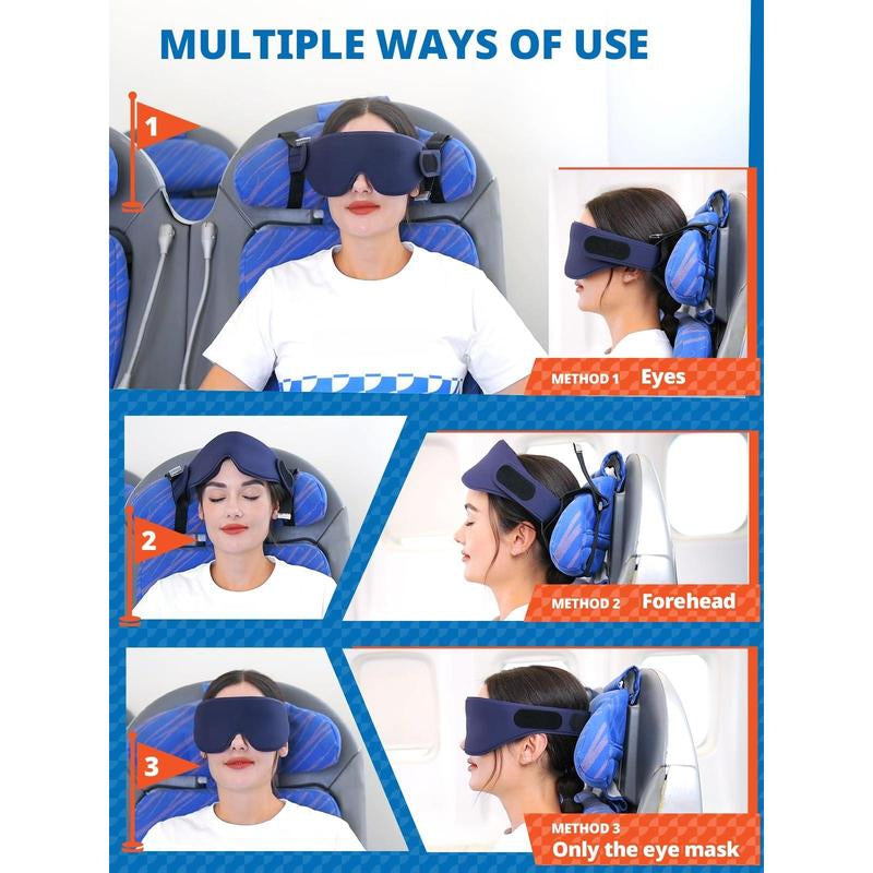 Airplane Head Strap 3D Eye Mask Travel Pillow Alternative for Long Flight 360° Support Sleep Hold Stop Bobblehead Ultra-Compact Lightweight Black
