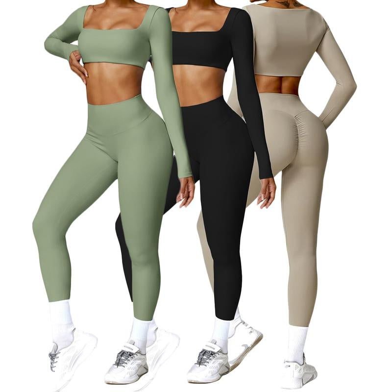 Women Skinny Jumpsuit Solid Color Ribbed Knit Long Sleeve Square Neck Bodycon Jumpsuit Romper Work Out Sport Yoga Playsuits