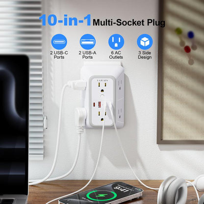 Wall Charger, Surge Protector, 6 Outlet Extender with 4 USB Charging Ports 3-Sided 1050J Power Strip Multi Plug Adapter Spaced for Home Travel Office