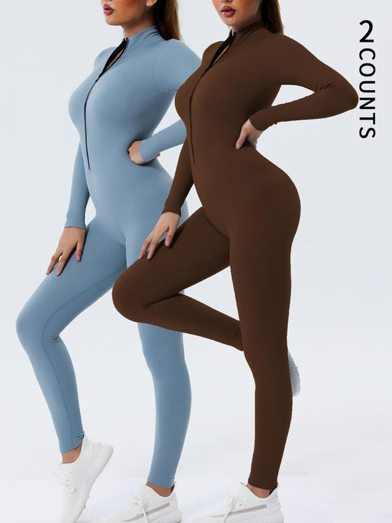 Women'S Solid Zip up Mock Neck Sports Jumpsuit, Sporty Long Sleeve Jumpsuit for Yoga Gym Workout, Ladies Sportswear for All Seasons