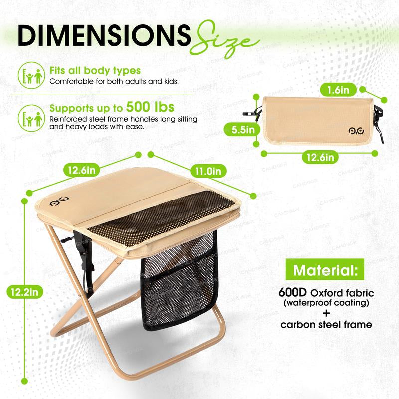 Camdoor Upgraded Foldable Stool Ultra Light 1.5 Lbs Max Load 500Lbs Portable Outdoor Chair with Side Pockets & Shoulder Strap for Camping Hiking Fishing BBQ