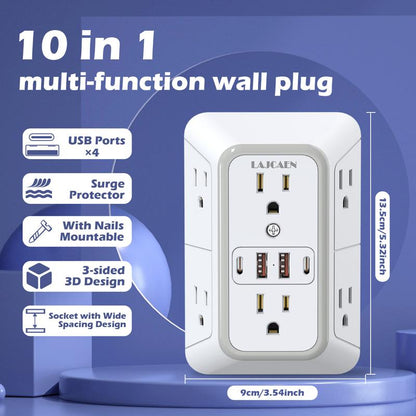 Wall Charger, Surge Protector, 6 Outlet Extender with 4 USB Charging Ports 3-Sided 1050J Power Strip Multi Plug Adapter Spaced for Home Travel Office