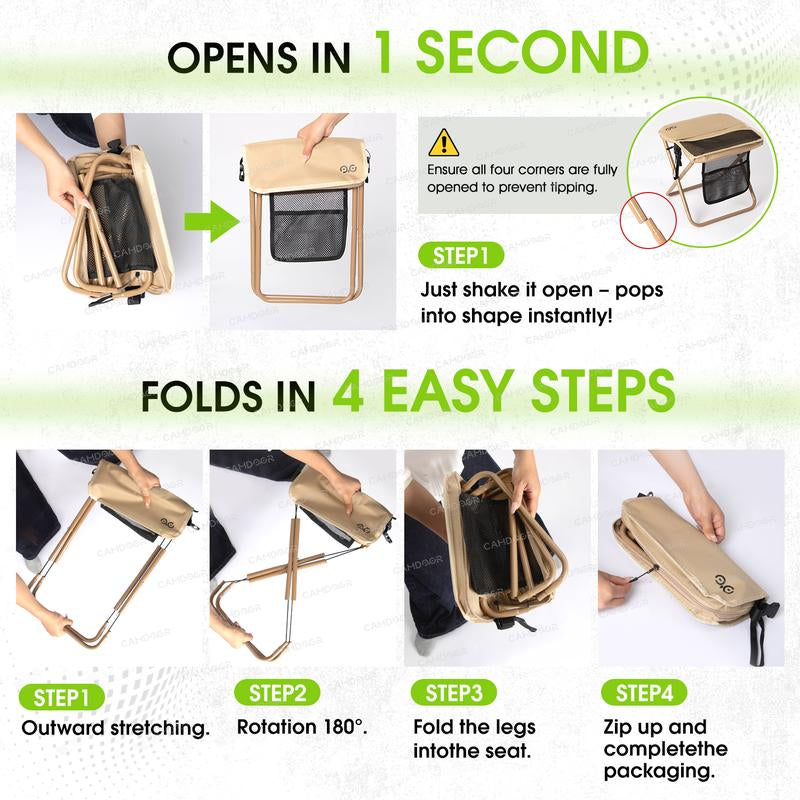 Camdoor Upgraded Foldable Stool Ultra Light 1.5 Lbs Max Load 500Lbs Portable Outdoor Chair with Side Pockets & Shoulder Strap for Camping Hiking Fishing BBQ
