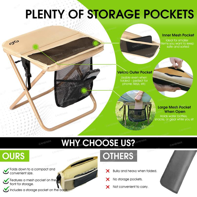 Camdoor Upgraded Foldable Stool Ultra Light 1.5 Lbs Max Load 500Lbs Portable Outdoor Chair with Side Pockets & Shoulder Strap for Camping Hiking Fishing BBQ