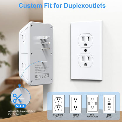 Wall Charger, Surge Protector, 6 Outlet Extender with 4 USB Charging Ports 3-Sided 1050J Power Strip Multi Plug Adapter Spaced for Home Travel Office