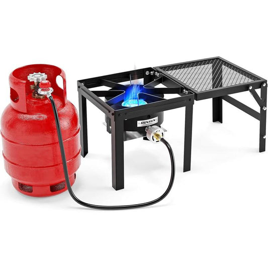 ROVSUN 100,000 BTU Propane Stove with Foldable Side Shelf, Single Burner Gas Stove for Outdoor Cooking with Regulator, Perfect for Camping, Tailgating, Turkey Frying, Seafood Boiling & Home Brewing