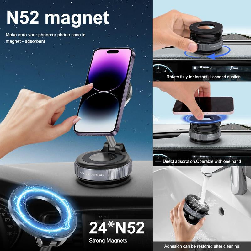 360 Magnetic Phone Holder Car, Foldable and Retractable Hands-Free Suction Cup Phone Mount for Car/Gym/Mirror/Smooth Surface, Compatible with Iphone 15/16/17 Promax