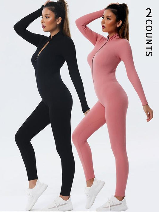 Women'S Solid Zip up Mock Neck Sports Jumpsuit, Sporty Long Sleeve Jumpsuit for Yoga Gym Workout, Ladies Sportswear for All Seasons