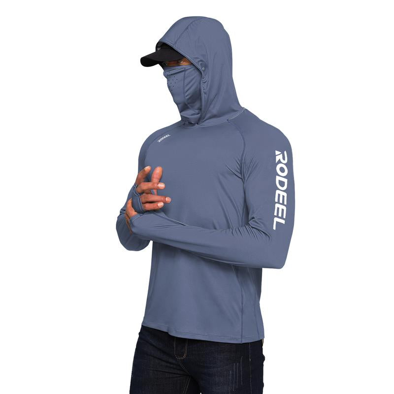 RODEEL 936 Sun Hoodie Shirt W/ UV Detection Mask Neck Gaiter Thumbhole Men UPF 100+ Sun Protection Raglan Long Sleeve Lightweight Quick Dry Moisture Wicking Breathable Cooling Athletic Activewear for Outdoor Hiking Fishing Construction Roofing Landscaping