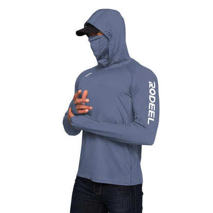 RODEEL 936 Sun Hoodie Shirt W/ UV Detection Mask Neck Gaiter Thumbhole Men UPF 100+ Sun Protection Raglan Long Sleeve Lightweight Quick Dry Moisture Wicking Breathable Cooling Athletic Activewear for Outdoor Hiking Fishing Construction Roofing Landscaping