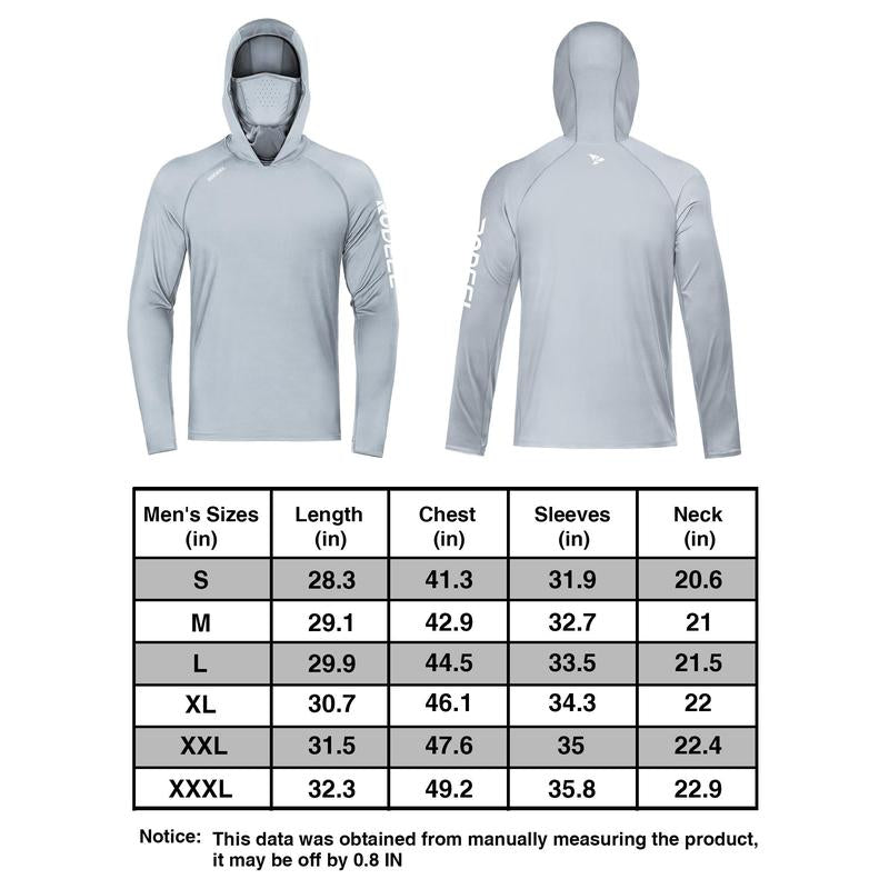 RODEEL 936 Sun Hoodie Shirt W/ UV Detection Mask Neck Gaiter Thumbhole Men UPF 100+ Sun Protection Raglan Long Sleeve Lightweight Quick Dry Moisture Wicking Breathable Cooling Athletic Activewear for Outdoor Hiking Fishing Construction Roofing Landscaping
